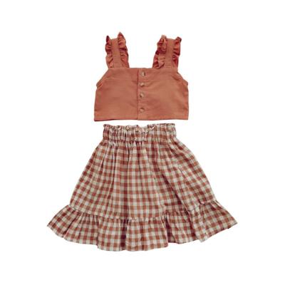 China New Comfotable Summer 3-8 Years Old Children Clothing Top Skirt And Shorts Plaid Children Girls Clothes Sets for sale