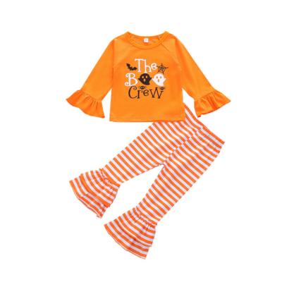 China Comfotable Girls Clothes Sets Halloween Long Sleeve Tops Bell Bottom Striped Jeans Kids 2-Piece Clothing Set for sale