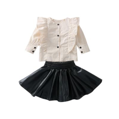 China Comfotable Autumn Kids Beige Single-Breasted Long-Sleeved Shirt and Skirt Leather Children's Girls Clothes Sets for sale