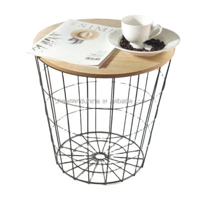 China Traditional side tables with wood top coffee table with metal storage basket for living room for sale