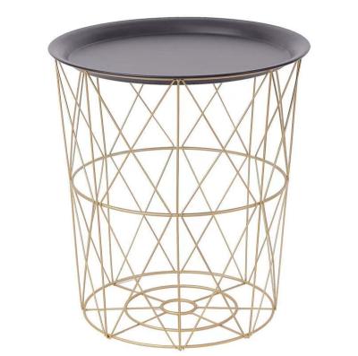 China Traditional Metal Side Tables Sofa Side Corner Lamp End Table Around Wood Top Geometric Wire Sofa Table With Storage Basket Black for sale