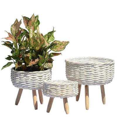 China Handmade Handmade Plant 3 Indoor Wicker Wooden Flower Pot Holder Set for sale