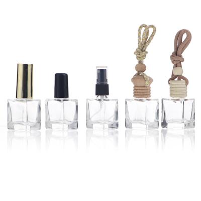 China Wholesale Square 10ml Empty Refillable Glass Avertan Car Perfume Diffuser Hanging Bottle With Rope And Insert Cap for sale