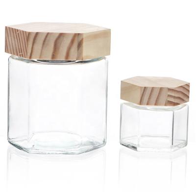 China Wooden Food Hexagon Lid Storage 380ml Glass Honey_Jars_And_Bottles_Supplier for sale