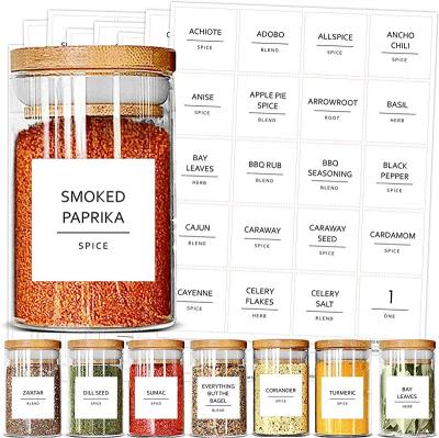 China Kitchen Stocked Thicken Seasoning Containers, Herb Spice Jar With Bamboo Glass Airtight Lids And Spice Labels Waterproof Stickers for sale