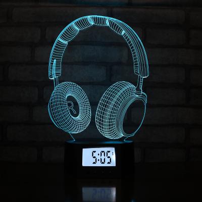 China Calendars Headphones Shape Digital USB RGB Display Modes Rechargeable Multiple Colors Illusion Led 3D Alarm Clock Night Light for sale