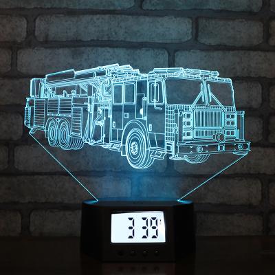 China Calendars Fire Truck Shape 3D Illusion Digital USB 3D Rechargeable LED Alarm Clock Lamp with RGB Color Changing for sale