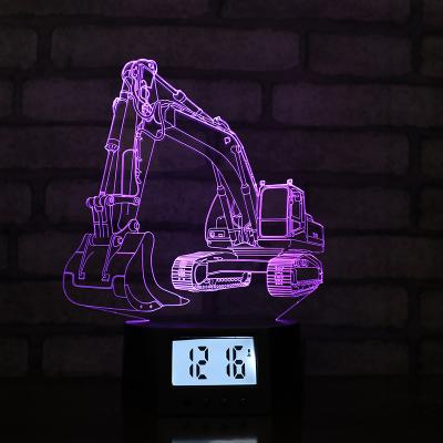 China Calendars Toys Style Excavator Shape Digital USB Rechargeable AAA Battery Base Illusion Led 3D Alarm Clock Night Light for sale