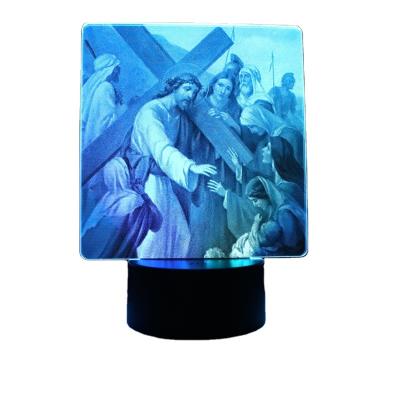 China Modern 3D Cross Jesus Bible God Shape Sensor Lamp Illusion Black Base 7 Color Decoration Light For Gift for sale