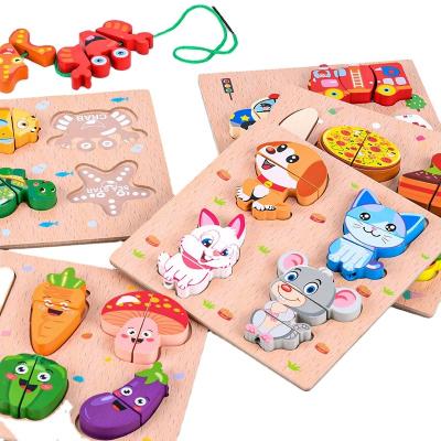 China Educational Toy Wooden Building Blocks Cutting and Music String Rope Cut Jigsaw Puzzle Threading Jigsaw Puzzle Toy for sale