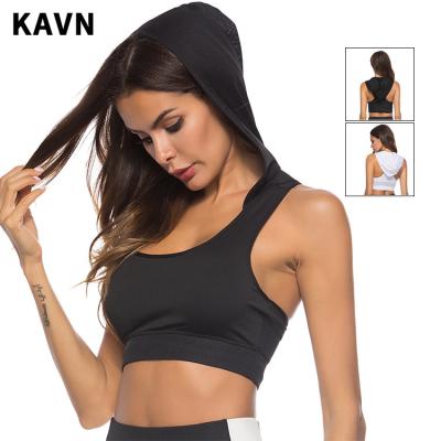 China Anti-Bacterial custom blank black sleeveless polyester spandex crop top pullover sport fitness gym hoodie dress womens hooded plain sports bra for sale