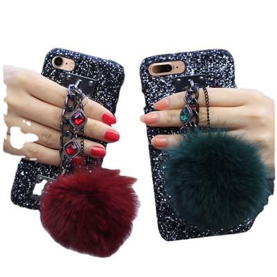 China Fashion Strap Chain Bling Glitter Shockproof Phone Case For iPhone XS XR Ball 11 12 Max Pro Max Cover With Fox Fur for sale