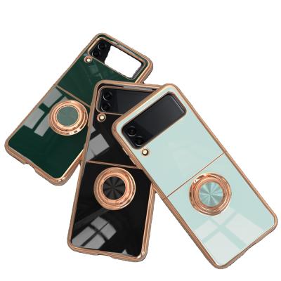 China Shockproof Luxury Plating Plated Phone Cases For Samsung Z Flip 3 Soft Silicone Cover With Finger Ring Holder for sale