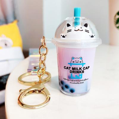 China Portable Cute Cat Keychain Milk Tea Coffee Cup 3D Cartoon 3D Bottle Keychain Charm Bag Car Key Chain Moving Liquid Pendant For Women Men Kids for sale