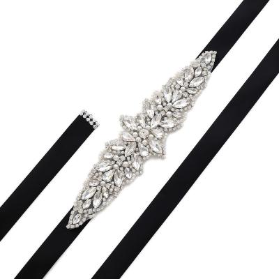 China Handmade Mesh VSMI Crystal Bridal Beaded Rhinestone Pearl Applique Handmade Sash in Silk Band for Wedding Dresses for sale