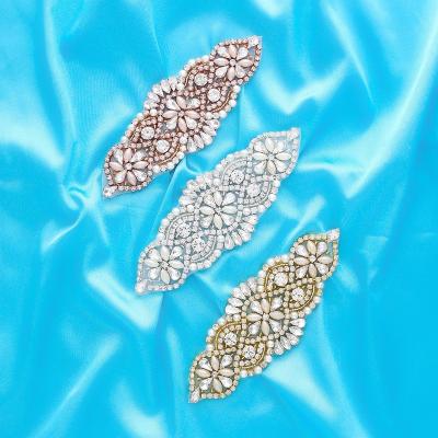 China Wholesale Handmade Chemical Water Soluble Lace Trim Rhinestone Applique Beaded Diamond Rhinestone Sewing Bridal Crystal Applique For Wedding Dresses Sash Sash Pearl Lace for sale