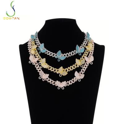 China Hip Hop Butterfly CZ Crystal Stone Rhodium Gold Plated Zinc-Copper Alloy Link Chain Environmental Friendly Shiny Flexible Necklace For Women Men for sale