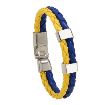 China Vintage Multilayer Simple Blue Yellow Ukraine Flag Braided Leather Woven Bracelet For Men for sale