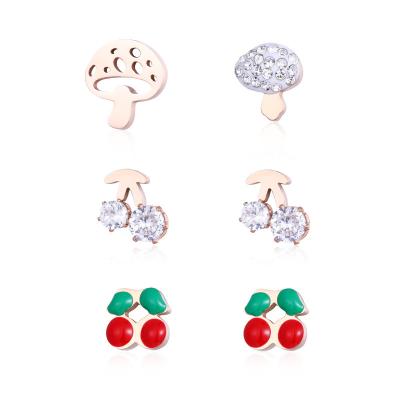 China Simple Cute Cute Rose Gold Plated Stainless Steel Stud Earring Mushroom Cherry Crystal Earring Set For Girls for sale