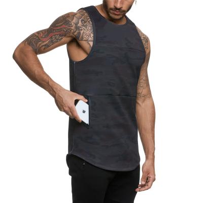 China Wholesale QUICK DRY Curved Bodybuilding Stringer Cell Phone Pocket Tank Cut Edge Men Gym Cut Shirt Muscle Fit Tops Sleeveless T-Shirt for sale