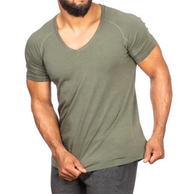 China Anti-Wrinkle Custom Heavyweight 100 Cotton Muscle Fitted T-Shirt Mens Stretch Short Sleeved V-Neck Sport T-Shirts for sale