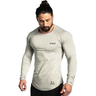 China Custom Anti-Wrinkle Mens Gym Fitness Sheath Long Slim Tight T-shirt Cotton Spandex Blend Training Stretch Sports T-Shirts for sale