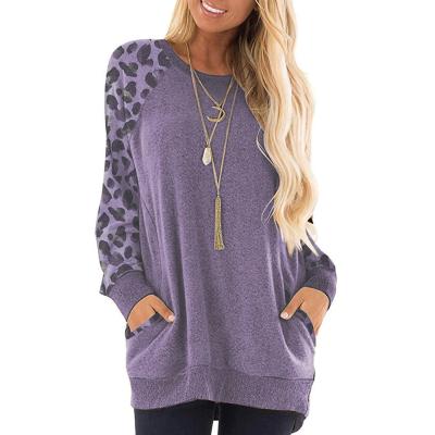 China Custom High Quality Casual Leopard Anti-Wrinkle Fashion Color Block Long Sleeve Crewneck Raglan Pockets Fashionable Sweatshirts Women for sale