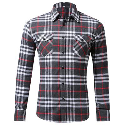 China Plus Size Custom Made Men's Casual 100 Cotton Plaid Flannel Button Down Shirt Double Pockets Long Sleeve Dress Shirts for sale