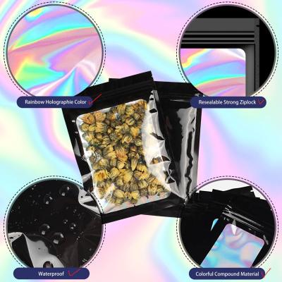 China Black Reusable Security Smell Proof Holographic Pouch With Clear Window Smell Proof Mylar for sale