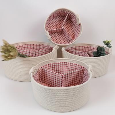 China Handmade Bathroom Cotton Rope Storage Baskets Set of 4 Cotton Rope Basket Kids Cotton Rope Basket with Cute Handles for sale