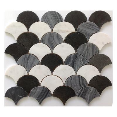 China ZF Parquet Black And Gray White Marble Stone Mosaic Slabs Peach Ladder Mosaic Flooring Cheap On Sale for sale