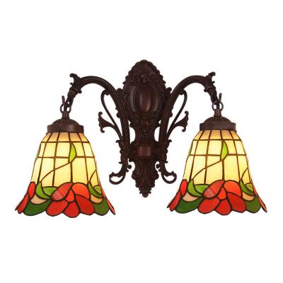 China ZF traditional double head tiffany wall lamp stained flower pattern glass wall lamps indoor art deco wall lamp made in Guangdong for sale