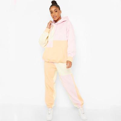 China Cotton Pastel Colorblock Sweatsuits Women Streetwear Candy Color Block Tracksuits Pants Set Breathable Women Oversized Sports Two Piece Set for sale