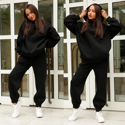 China Streetwear Breathable Black Cotton Heavyweight Jogger Pants And Hoodie Set Oversized Fleece Sweatsuit Women Unisex for sale