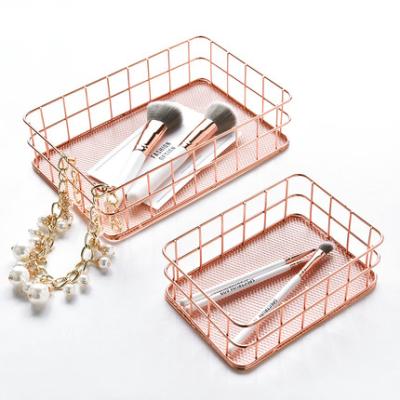 China Stocked Tableware Countertop Organizer Rose Gold Wire Receive Mesh Metal Basket Storager for sale