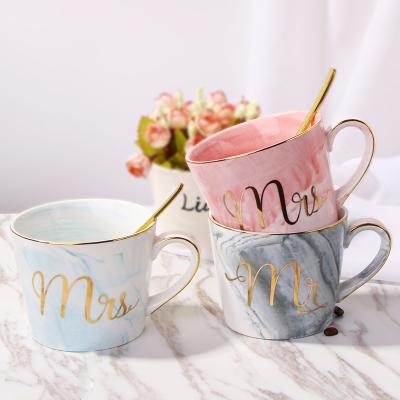 China Stocked European Style Creative V Shape Birthday His Her Wedding Ceramic Marble Coffee Mug for sale