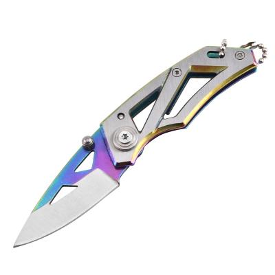 China Stainless Steel Non-variable Hollow Self-defense Rainbow Handle Design Mini Folding Main Chain Pocket Knife for sale