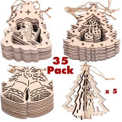 China Stocked Unpolished Wood 40 Piece Rustic Style Christmas Decoration Set, Laser Cut Tree Decoration Christmas Tree for sale