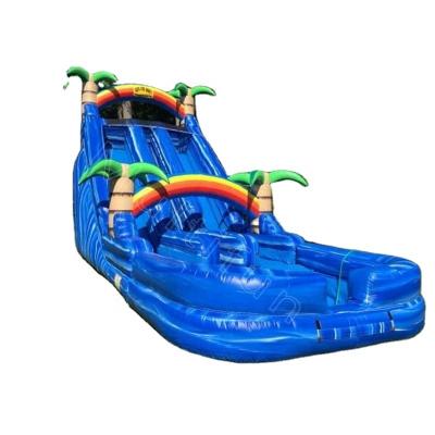 China 0.55mm PVC Tarpaulin 20ft Plato Tropical Double Lane Water Slide Jungle Palm Inflatable Water Slide for sale