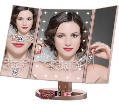 China LED Lighted Lighted Makeup Mirror Triple Cosmetic 3 Way Vanity Mirrors With 22 Led Lights 3X 2X 1 Magnification for sale