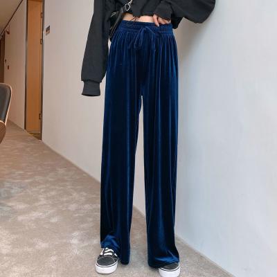 China Anti-Wrinkle Wide Leg Pants Elegant Plain Drape Straight Velvet Pants Women for sale