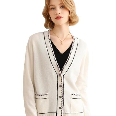 China Anti-wrinkle Hot Selling New Arrival Customized V-Neckline Long Sleeve Contrast Color Buttons Pockets Sweaters Knitted Women Cashmere Cardigan for sale