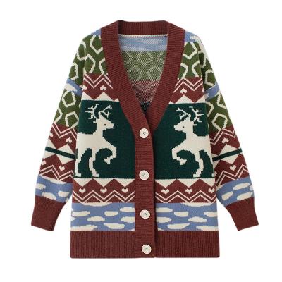 China Retro Anti-wrinkle Cardigan Knitwear Coat Deer Pattern Acrylic Jacquard Custom Christmas Ugly Knitted Cardigan Sweater Women for sale