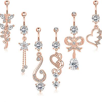 China 2021 CLASSIC Zircon Navel Stud NUORO Belly Button Ring Piercing Clasp Ring Creative Bow Drop Belly Button Pendant 6 Piece Set for sale