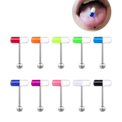 China NUORO 14G CLASSIC Colorful Acrylic Pill Bout Piercing Ring Bars Barbell Capsule Tongue Surgical Steel Jewelry Women Tongue Rings for sale