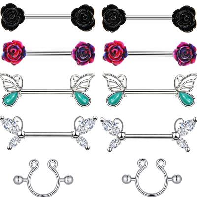 China NUORO 14G 1PC Flower CLASSIC Nipple Ring Stainless Steel Nipple Piercing Barbell Jewelry For Girl Butterfly Wing Nipple Ring for sale