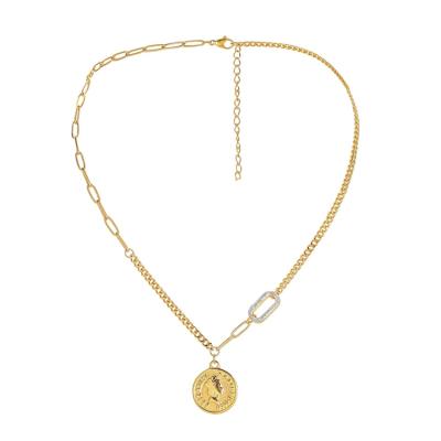 China NUORO Vintage Stainless Steel Asymmetry Clavicle Chain Women Jewelry Gold Round Coin Trendy Short Trendy Portrait Stainless Steel Pendant Necklace for sale