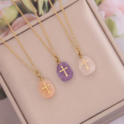 China NUORO CLASSIC Natural Stone Cross Necklace For Women Simple Clavicle Sweater Chain Stainless Steel Necklace for sale