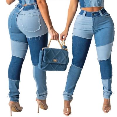 China JY Contrast Color Patchwork Rough Edge Denim Pants Sheath Legging Breathable Fashionable Women Girls Pants Ladies Jeans for sale