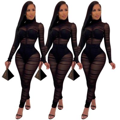 China 2021 Anti-Wrinkle One Piece Mesh Jumpsuit For Women Sexy Stacked Long Mesh Lace Overalls See Through Scarf Sleeve Party for sale